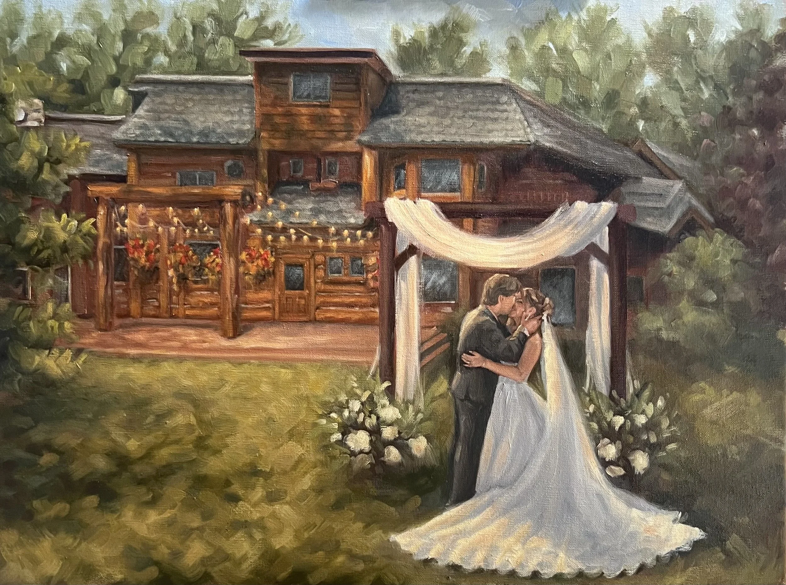 Live wedding painting of The Bentwood Hotel in Jackson Hole, Wyoming. This couple wanted their painting to reflect the time of day that they got married and the vibe of the event overall. It was an absolute blast to paint and see come to life!