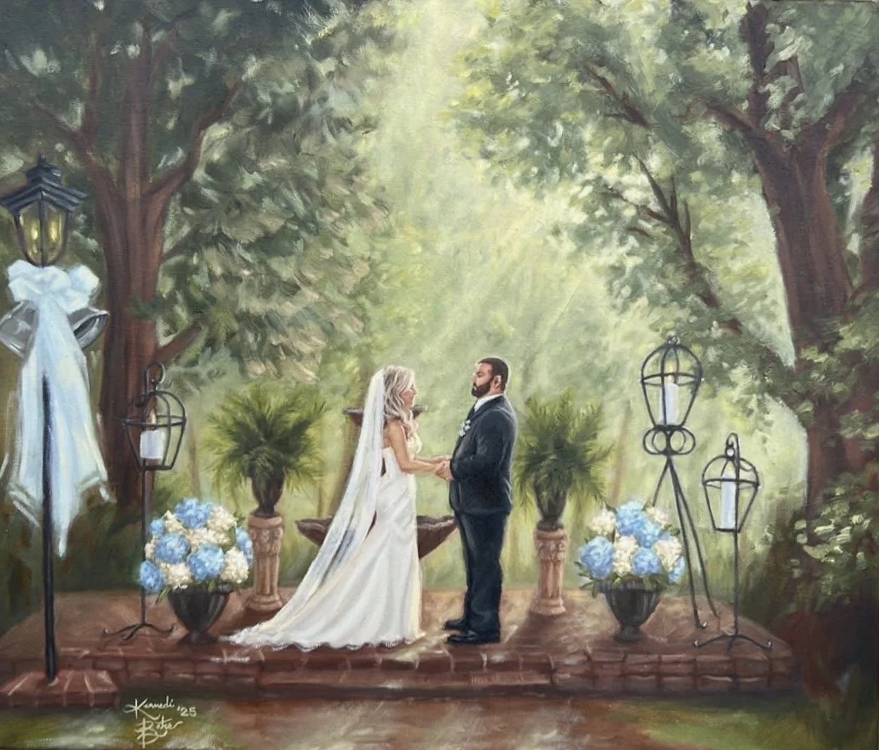A painting of a bride and groom exchanging vows outdoors on a brick platform, surrounded by trees, potted plants, and decorative lanterns, with sunlight filtering through the leaves.