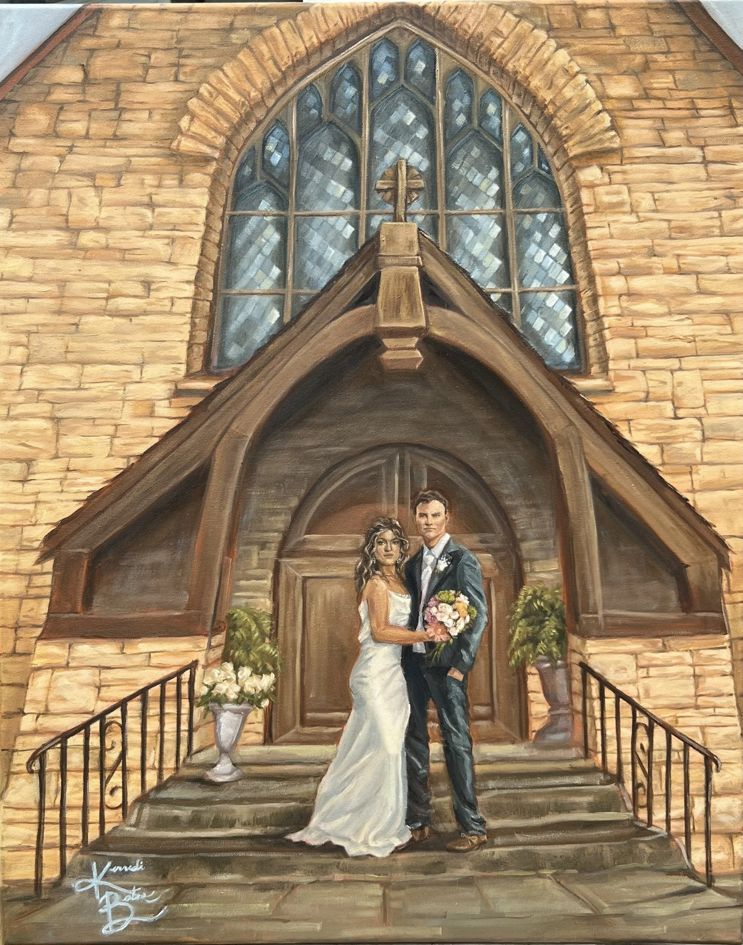 Painting of a bride and groom standing on church steps in front of a brick church with arched stained glass window, with plants in vases on either side.