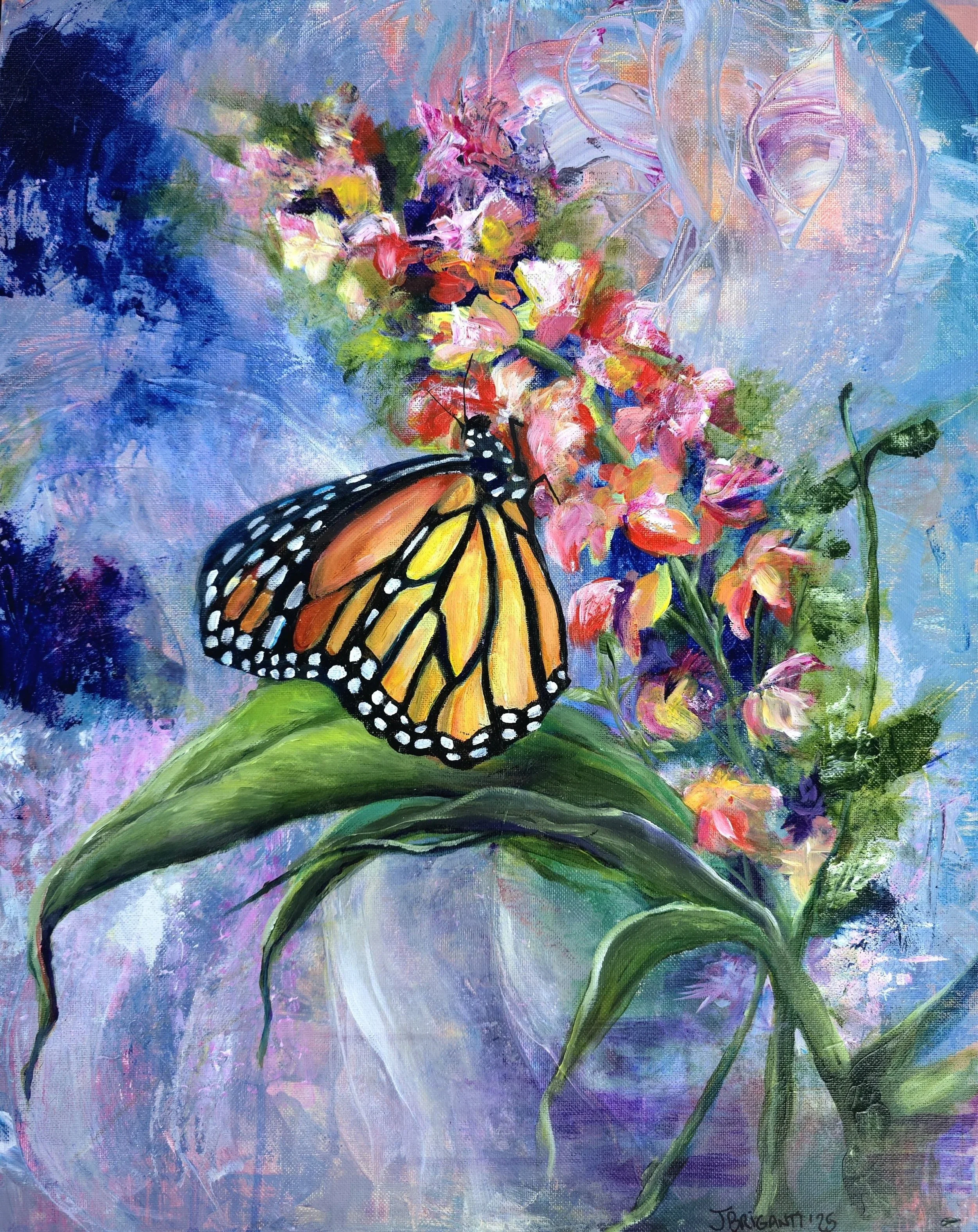 Colorful mixed-media painting of a monarch butterfly resting among vibrant pink, orange and purple flowers against a dreamy blue abstract background.