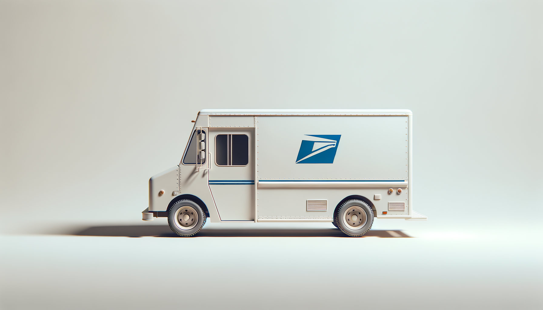 A white USPS mail delivery truck with the blue USPS logo on the side, shown against a plain light background.