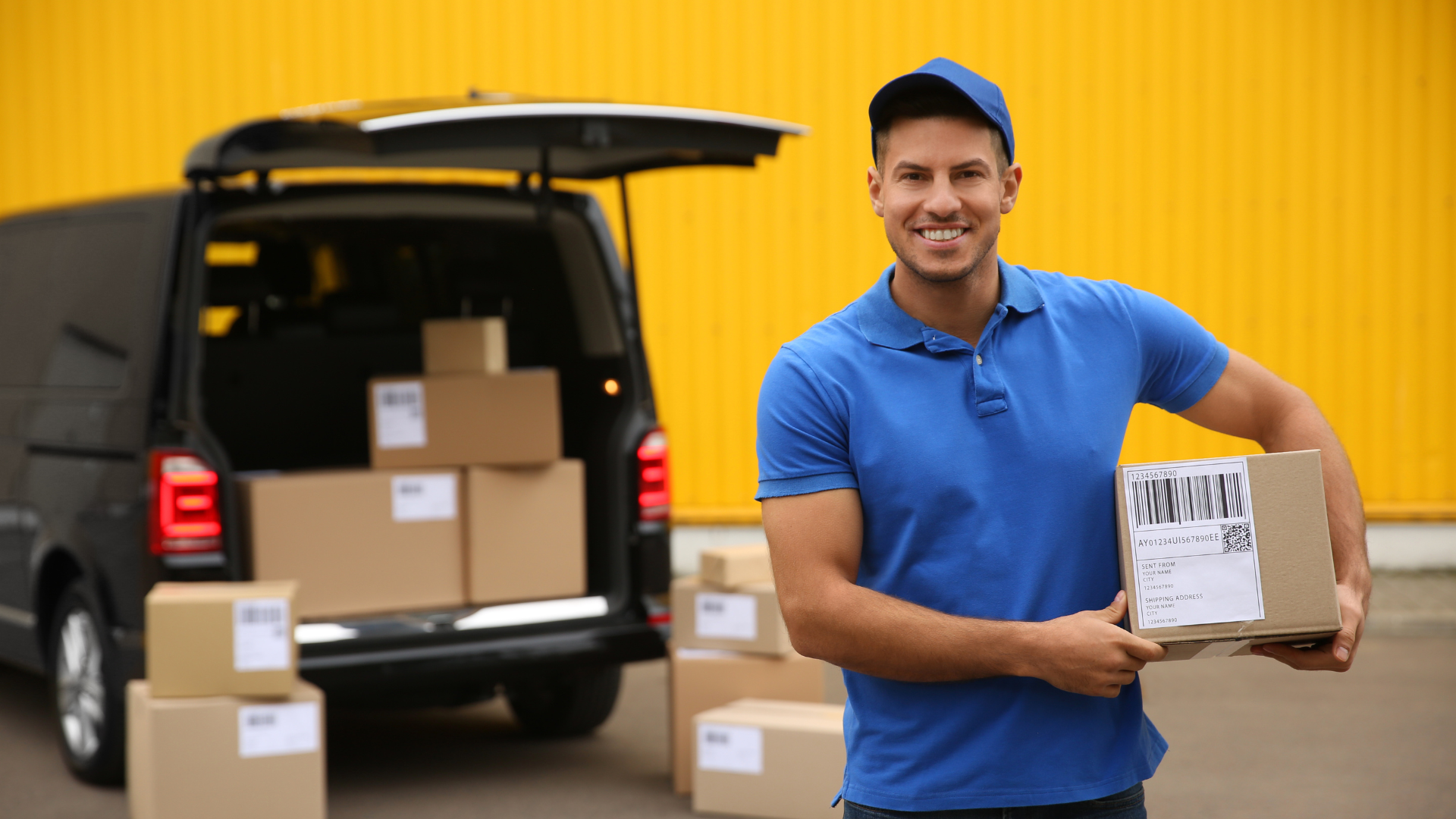 A smiling delivery man in a blue uniform holding a cardboard box with a barcode label, standing in front of an open van filled with packages, against a yellow wall.