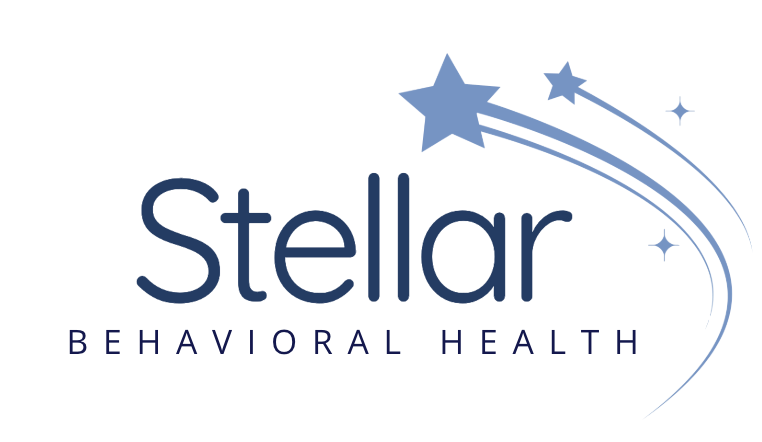 Logo for Stellar Behavioral Health featuring a large star with three trailing stars and a curved line, with the words "Stellar" in large font and "Behavioral Health" below in smaller font.