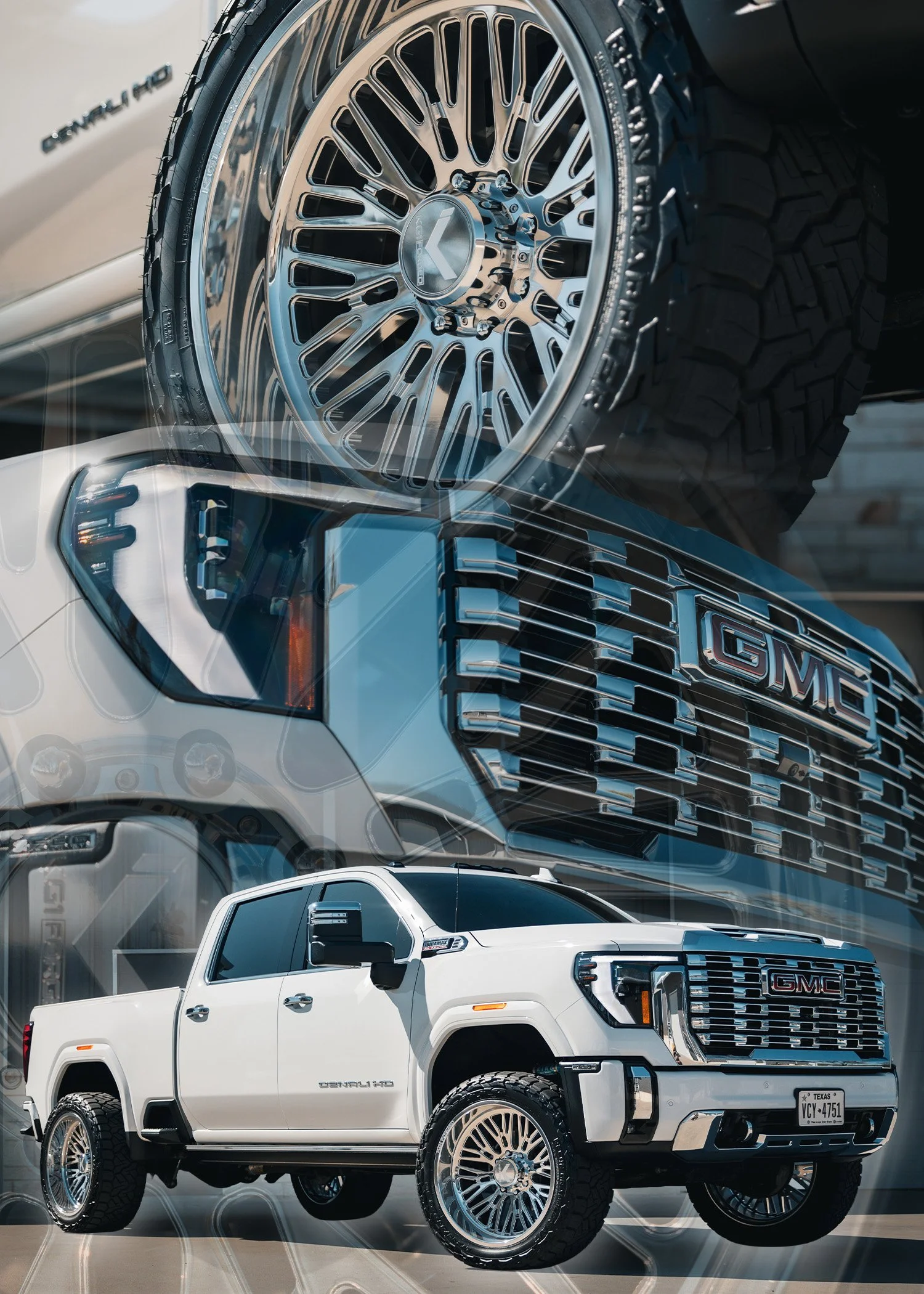 A white GMC Sierra HD pickup truck with custom wheels, a front grille with GMC logo, and black accents, parked in front of a backdrop featuring a large close-up of a truck wheel, tire, and grille.
