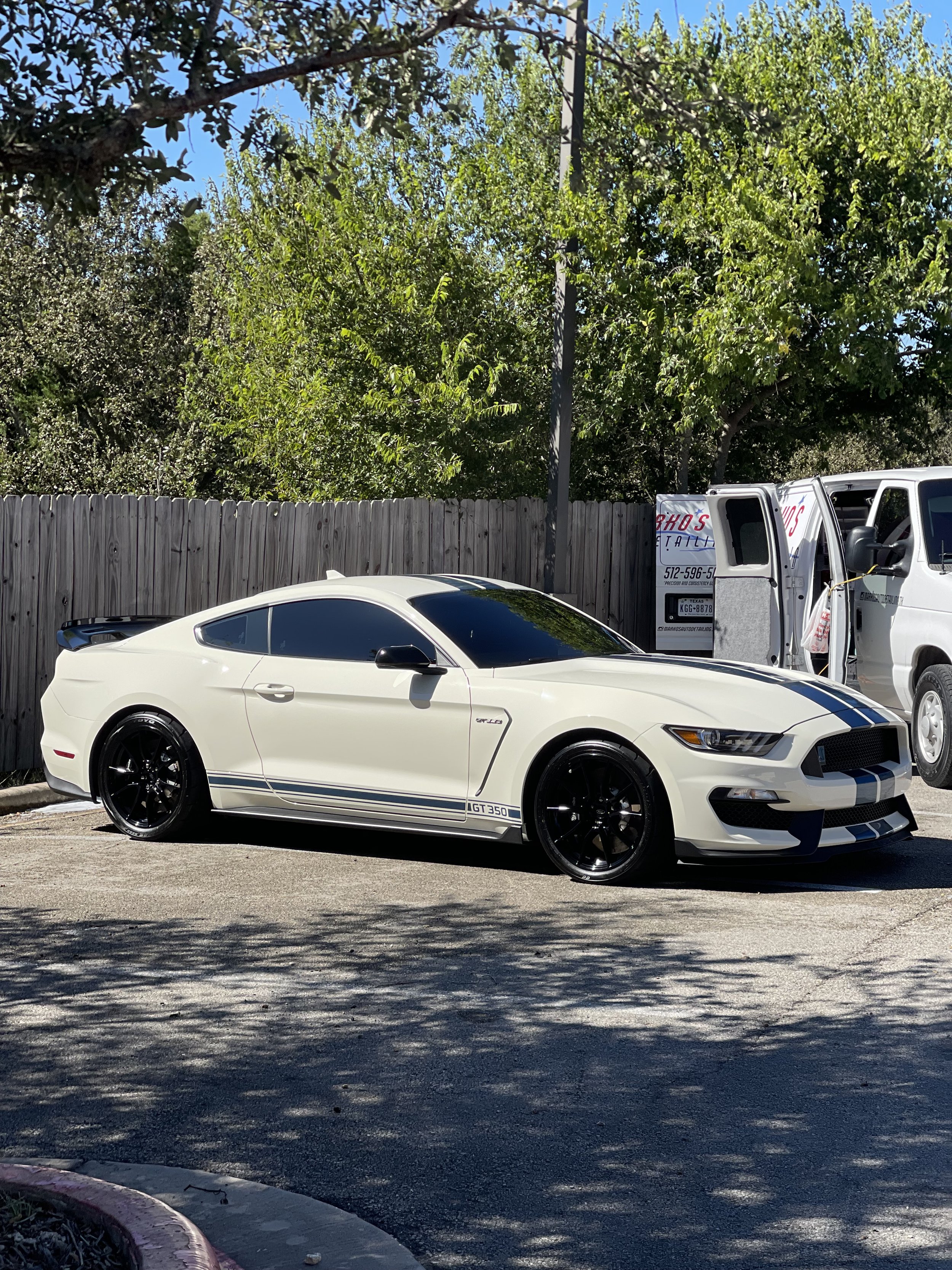 A white Ford Mustang GT350 with black racing stripes parked outdoors, with trees, a wooden fence, and a white van in the background.