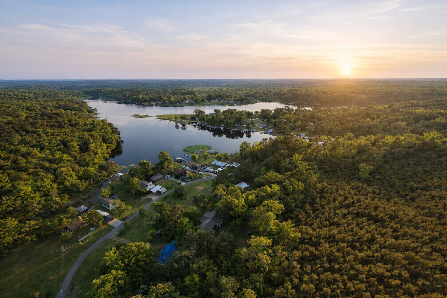 An aerial view of a lake surrounded by dense green forests and a small community with houses and boats at sunset.