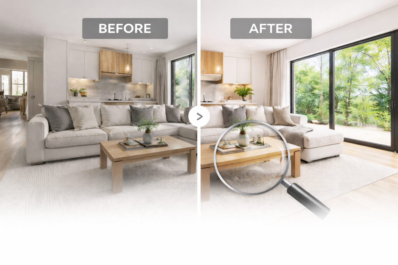 Comparison of a living room before and after cleaning, showing a bright space with large sliding glass doors revealing a greenery view.