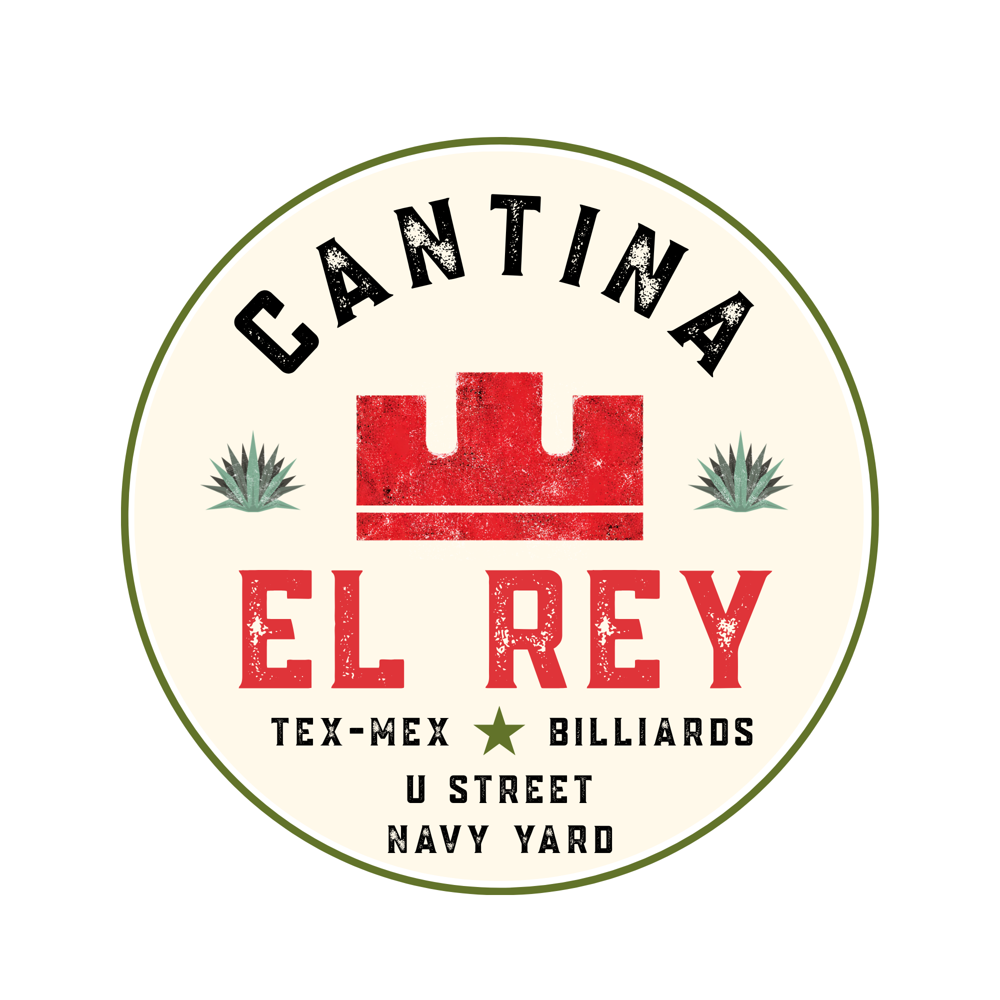 Logo for Canton El Rey billiards with a red castle and green pineapples, listing location details such as Tex-Mex, Bullar, House, Navy Yard, and street.