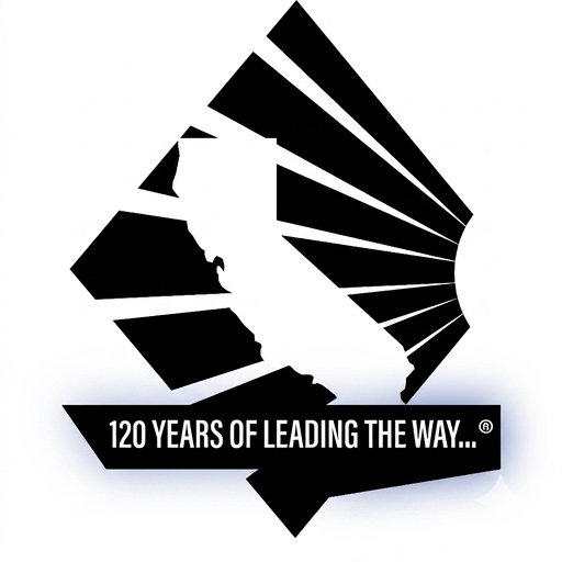 Black and white graphic with an outline of the state of Michigan, surrounded by radiating lines, and the text '120 Years of Leading the Way...' at the bottom.