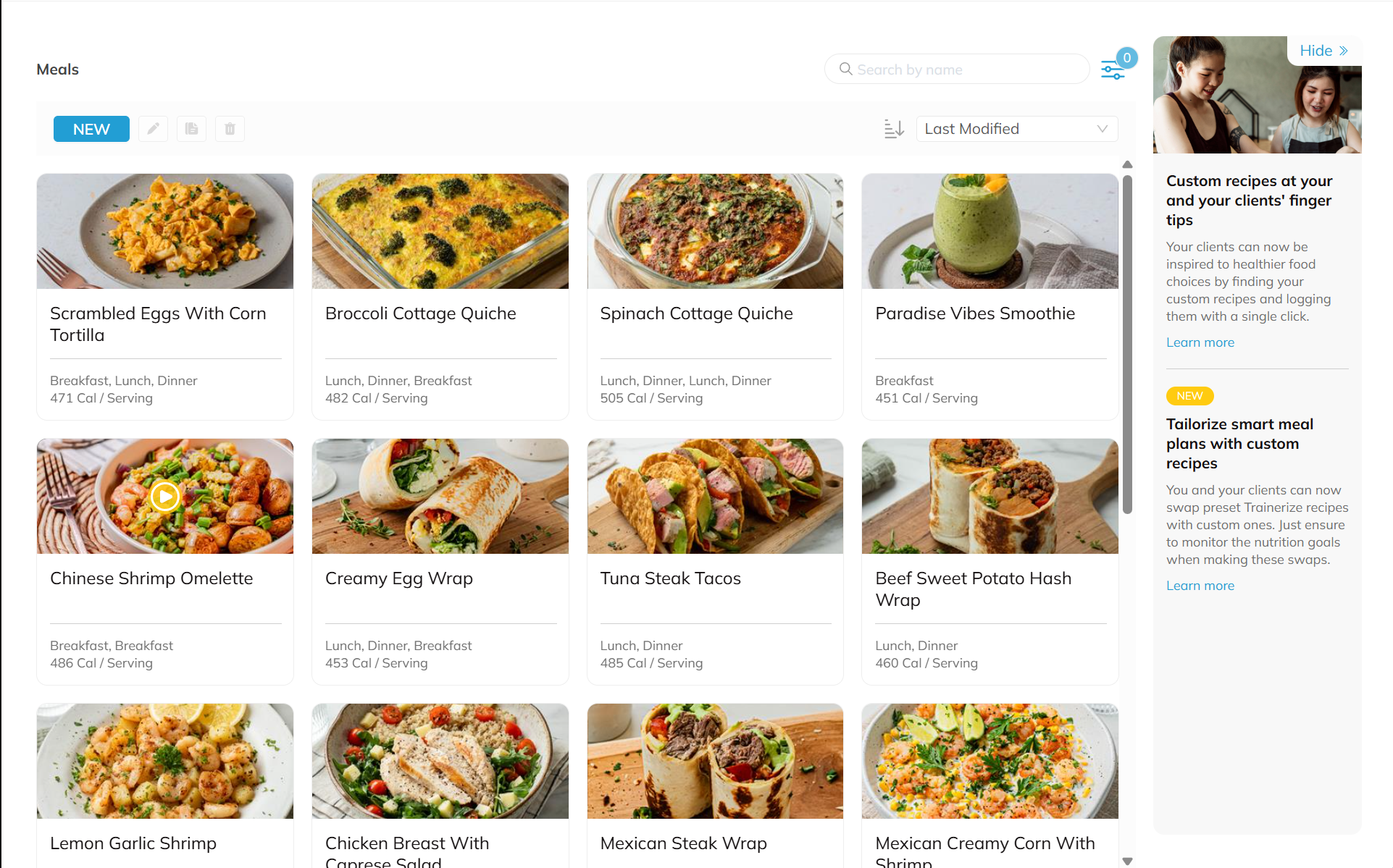Screenshot of a meal planning website showing various dishes such as scrambled eggs with corn tortilla, broccoli cottage quiche, spinach cottage quiche, paradise vibes smoothie, Chinese shrimp omelette, creamy egg wrap, tuna steak tacos, beef sweet potato hash wrap, lemon garlic shrimp, chicken breast with vegetable salad, Mexican steak wrap, and Mexican creamy corn with cilantro, along with descriptions and calorie information.