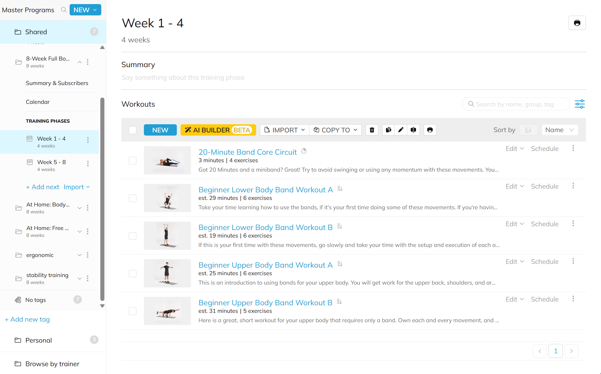 Screenshot of a workout app page showing training plan for Week 1 to 4 with workout videos, titles, durations, and descriptions for band exercises.
