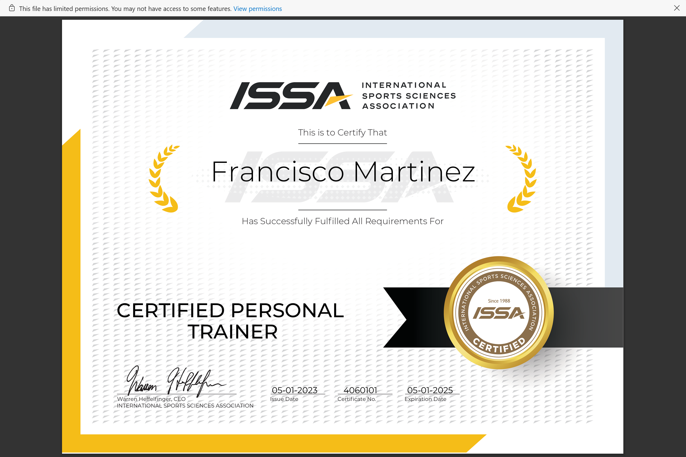 Certification certificate from the International Sports Sciences Association awarded to Francisco Martinez for completing requirements as a certified personal trainer, dated January 5, 2023, with a gold and black circular seal and laurel decorations.