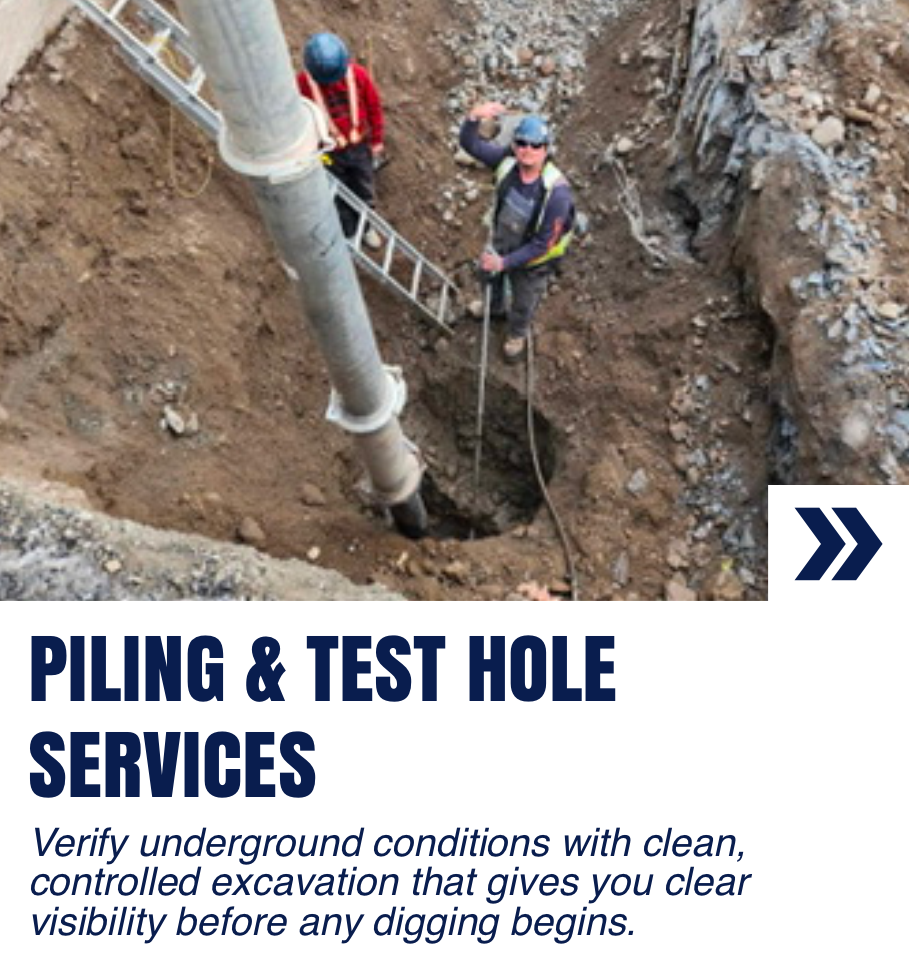 A clickable card navigating to 'Piling & Test Hole Services' with an image of a hydro vac truck pump in a small hole. Piling is a non-destructive method to excavate soil using pressurized water and a high-volume vacuum.
