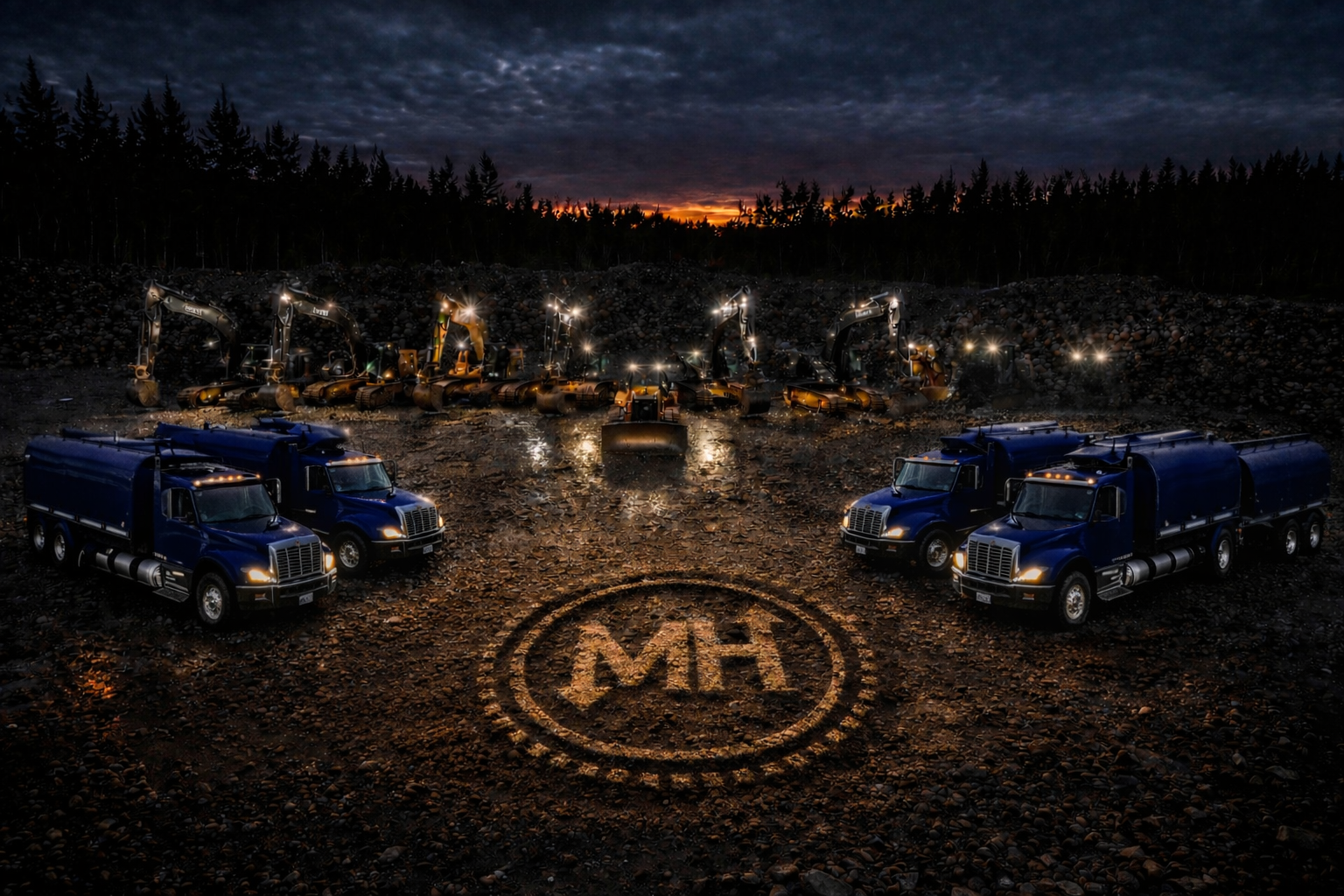 A nighttime scene with several construction excavators and four blue trucks in a rocky outdoor area. The ground has a large circular logo with the letters 'MH' in the center.