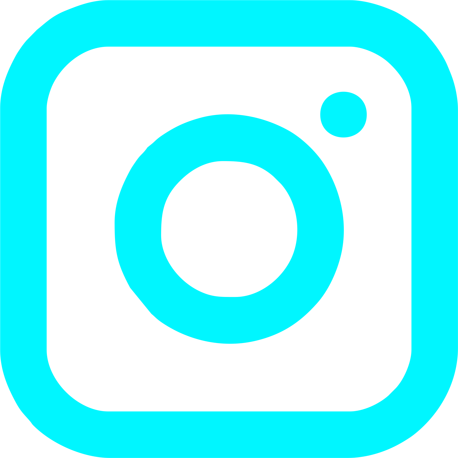 A camera icon with a large lens in the center, in a bright cyan color set against a black background.