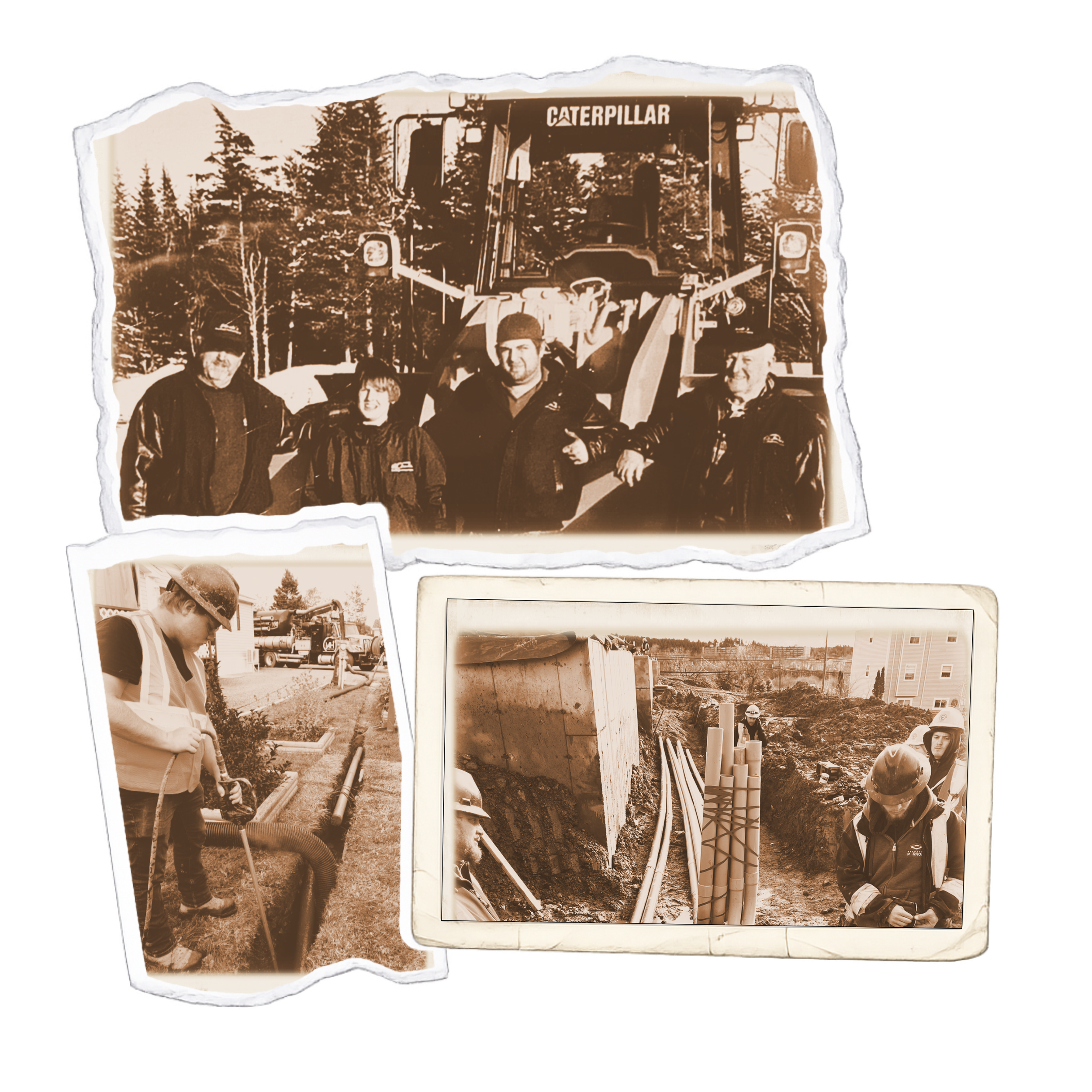 Black and white photo of four people standing in front of a construction site with pipes and equipment, trees in the background, and a Caterpillar machinery overhead.