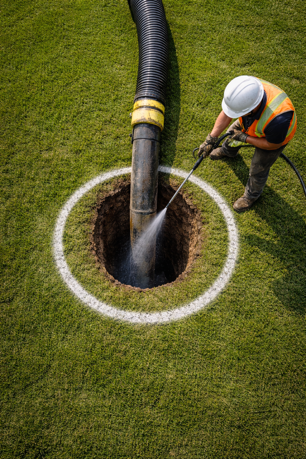 A worker wearing a white safety helmet, orange safety vest, and gloves is using a high-pressure hose to clean or excavate around a large pipe that extends into an underground hole, on a grassy area outlined with a white circle.