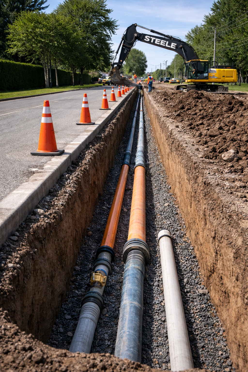 Construction workers and an excavator installing underground pipes along a road, with traffic cones and trees lining the street.