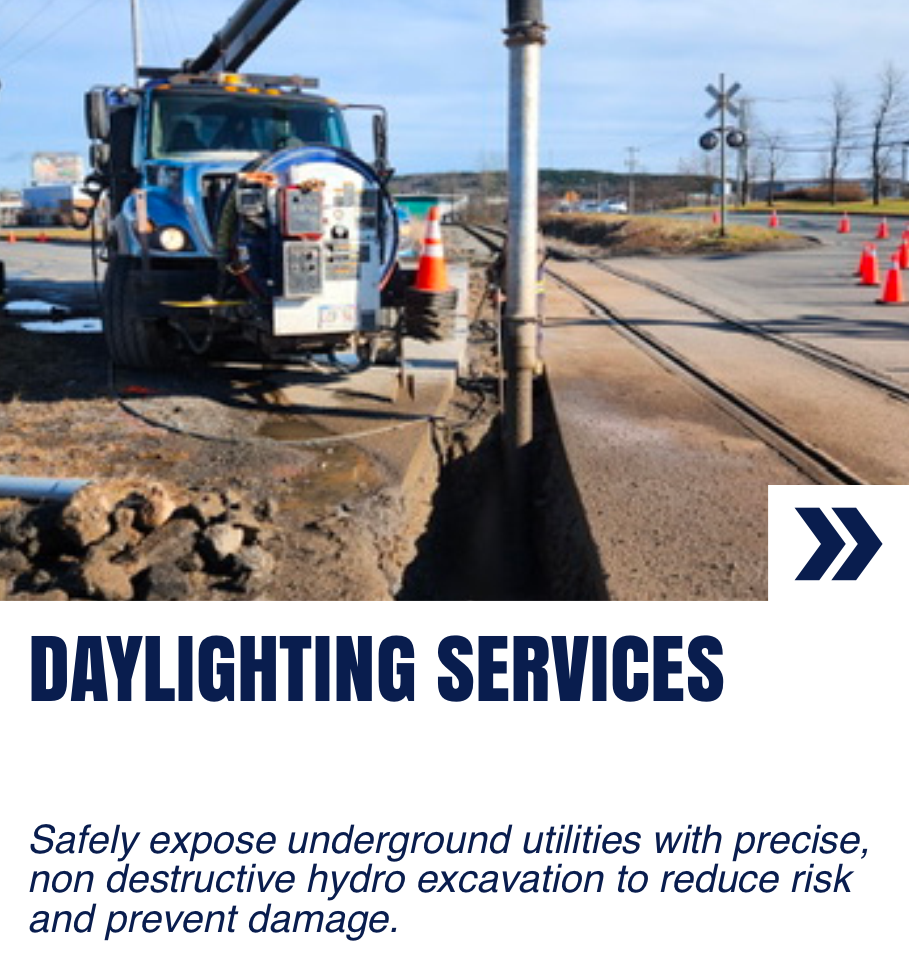 A clickable card navigating to 'Daylighting Services' with an image of a hydro vac truck at the top and a description of what daylighting services include. Daylighting is the trenching or locating of underground utilities with precision.