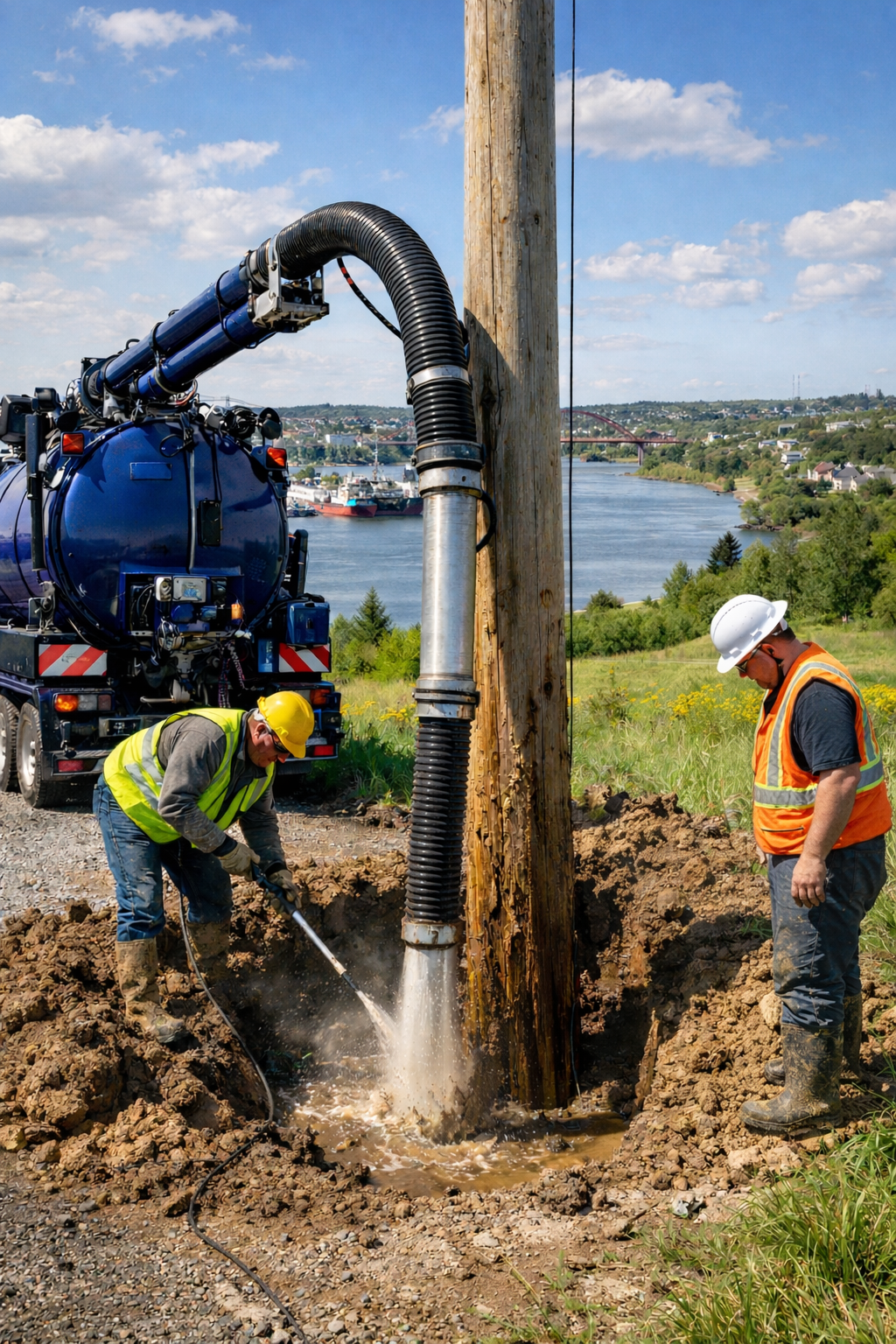 Two workers in safety gear repair a utility pole with a large vacuum truck nearby, overlooking a river and a bridge in the background.