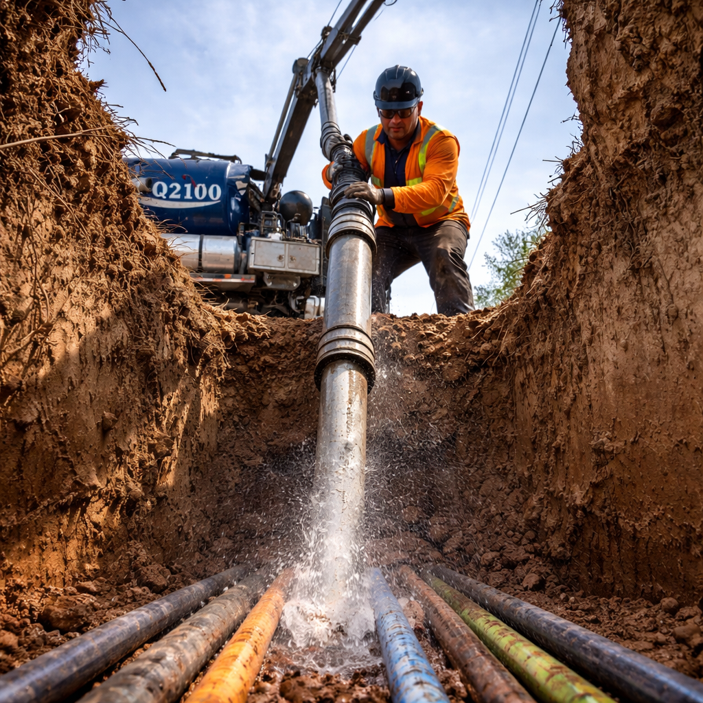 A worker in safety gear repairs underground pipes using machinery in a trench.