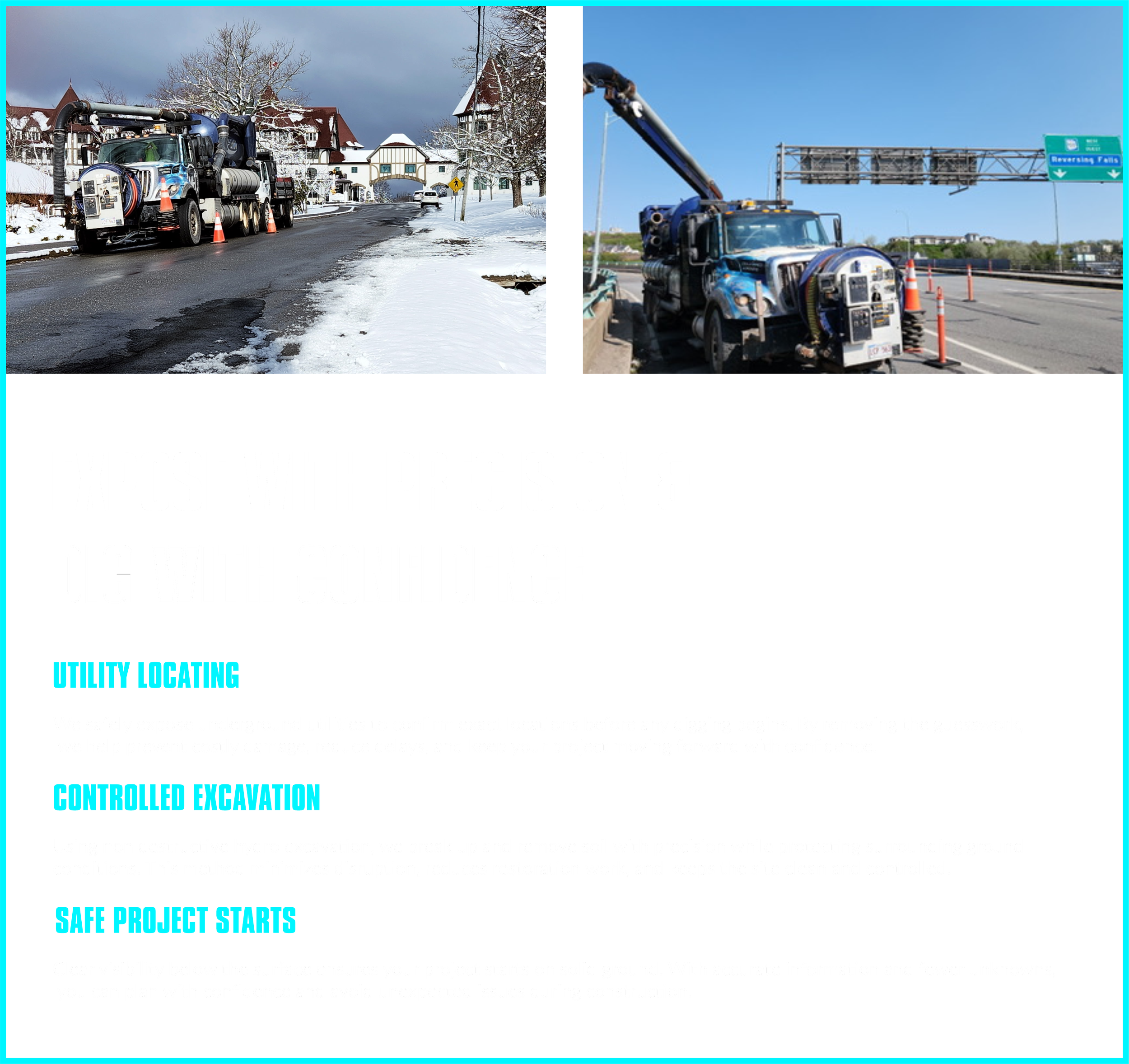 Two images of utility work vehicles. The left image shows a utility truck on a snowy road, with snow-covered trees and houses in the background, and orange cones around the truck. The right image shows a similar utility truck on a clear day, working near a highway overpass with orange safety cones nearby.