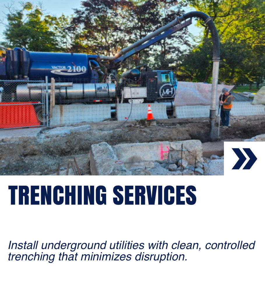 A clickable card navigating to 'Trenching Services' with an image of a hydro vac truck at the top and a description of what trenching services include. Trenching includes creating trenches for buildings that are close in proximity with structures.
