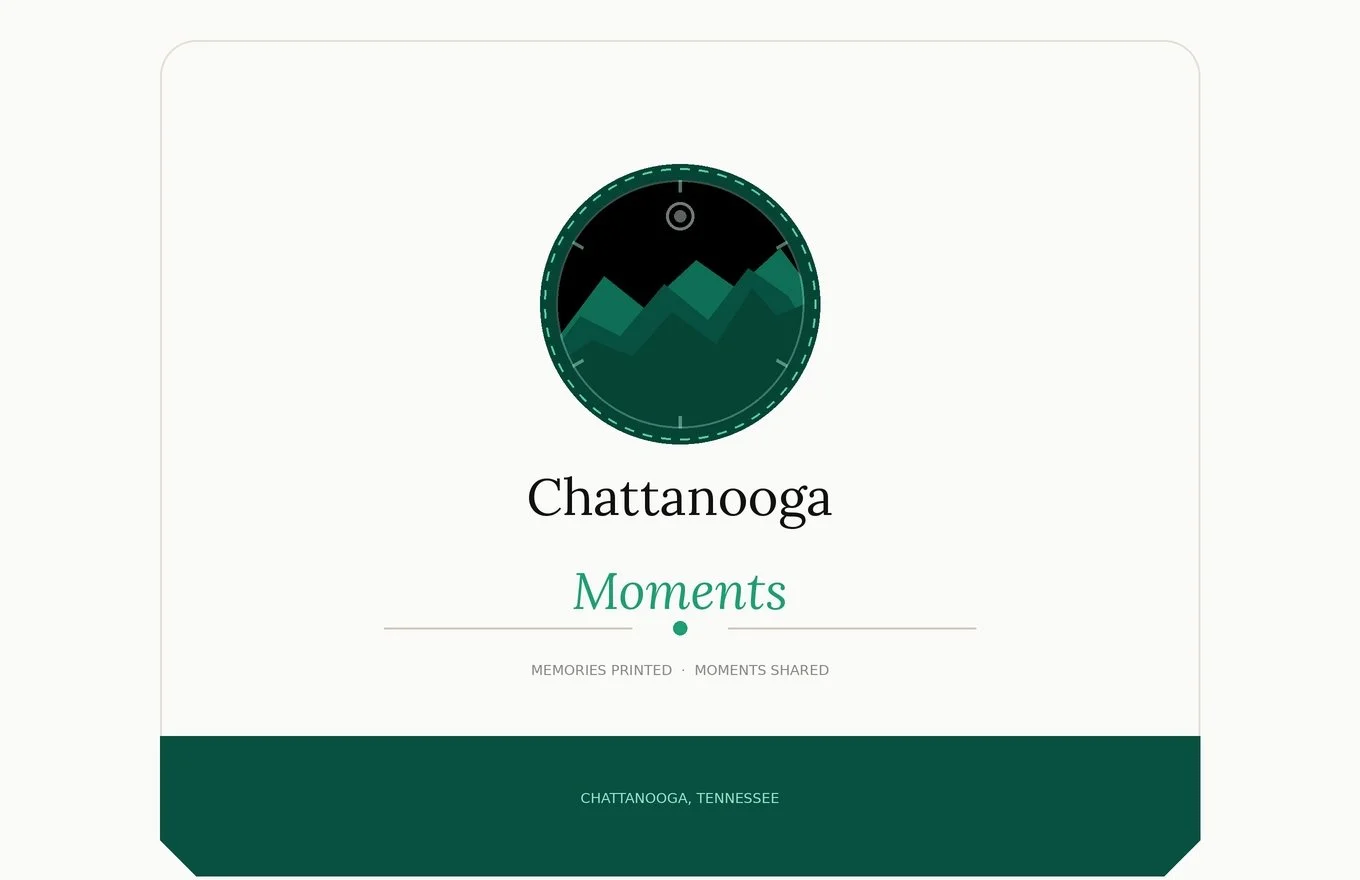 Travel journal cover page with a circular mountain graphic, titled 'Chattanooga' with the subtitle 'Moments', and notes about memories printed and shared, indicating Chattanooga, Tennessee.