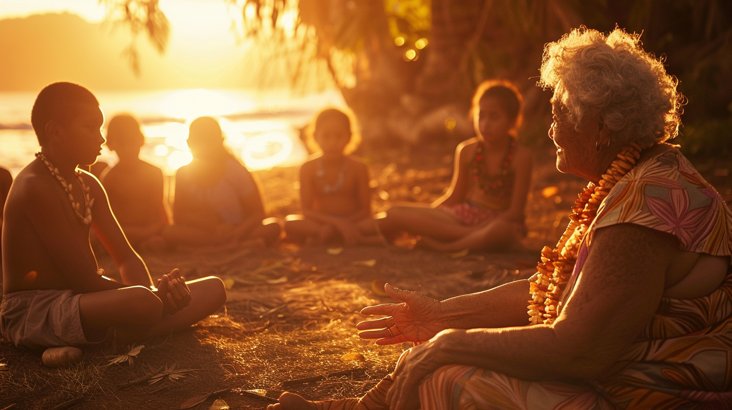 Elderly woman telling stories or fagogos to a group of children on a beach during sunset