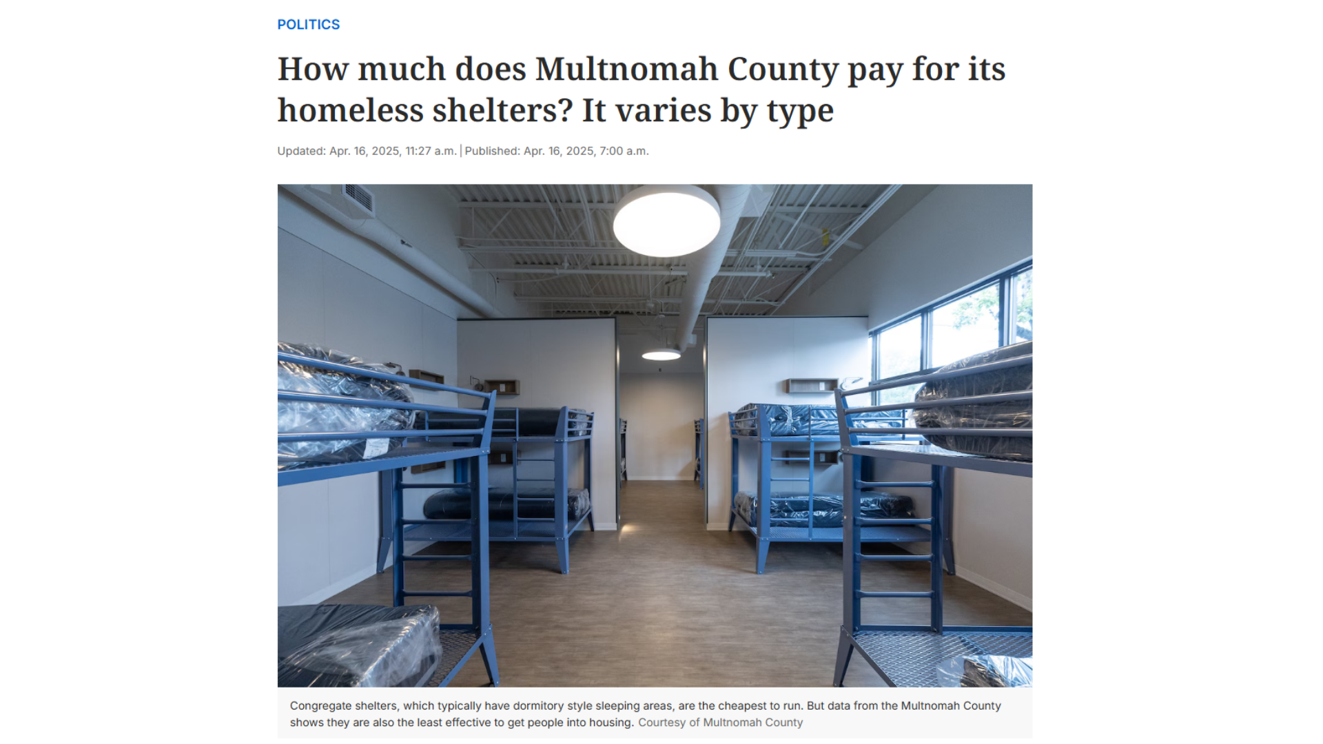 Oregonian Headline: How much does Multnomah County pay for its homeless shelters? It varies by&nbsp;type