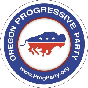 Logo of the Oregon Progressive Party featuring a stylized map of Oregon with a buffalo silhouette over a red, white, and blue background, surrounded by a circular blue border with white text.