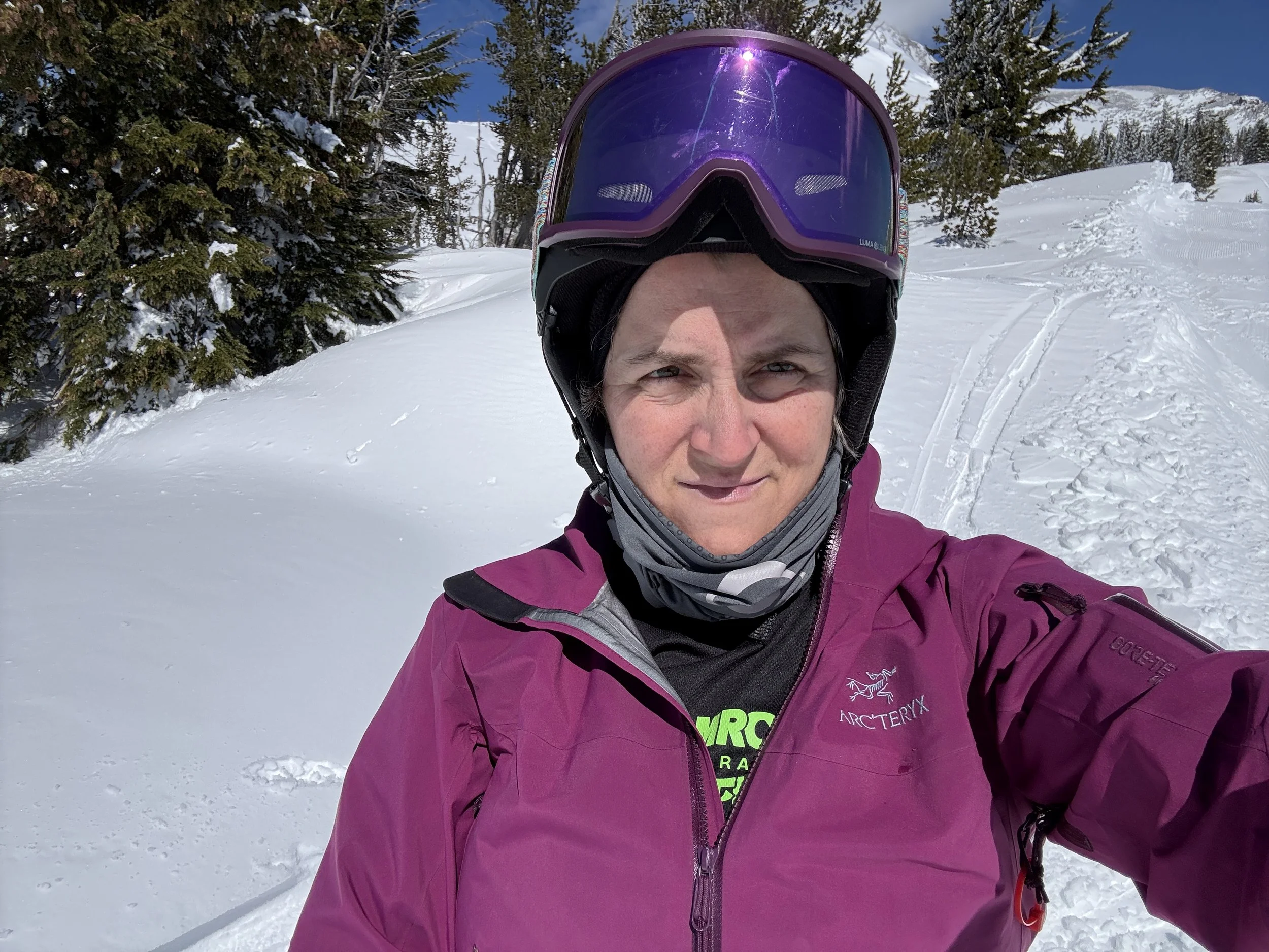A woman wearing a purple ski helmet and a matching purple jacket taking a selfie outdoors in a snowy mountain landscape with trees and snow-covered peaks in the background.