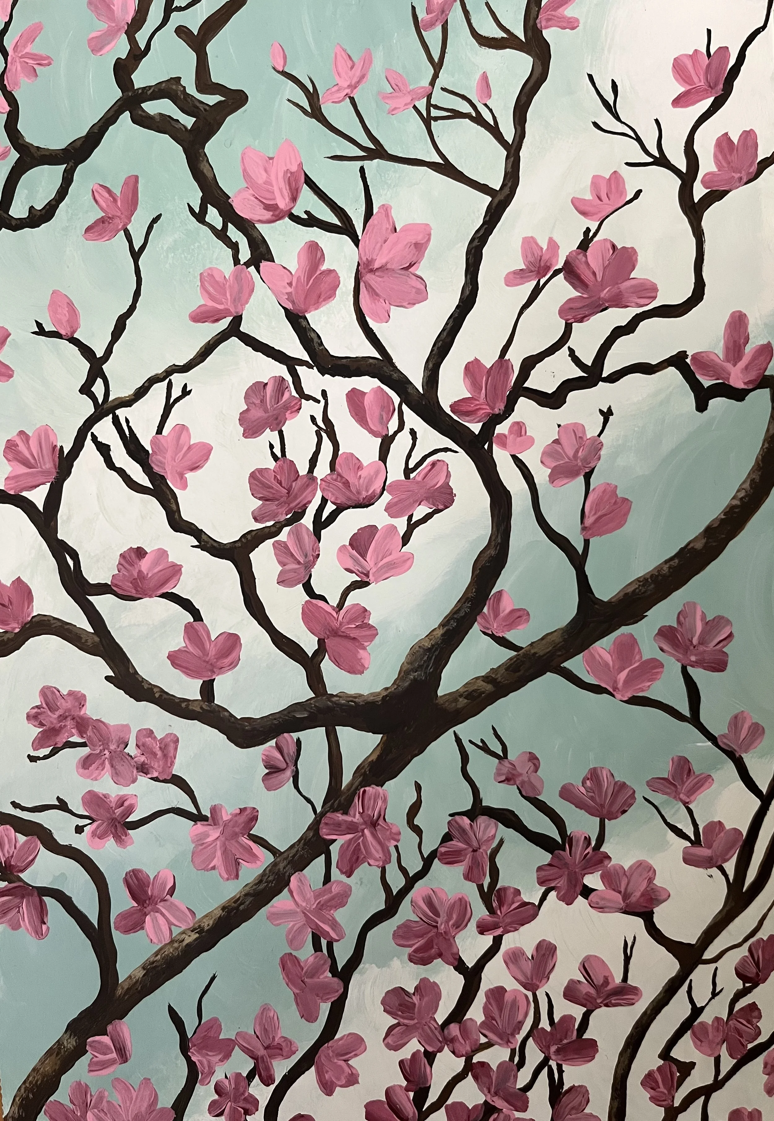 A painting of pink cherry blossoms on dark brown branches set against a soft, pastel mint green background.