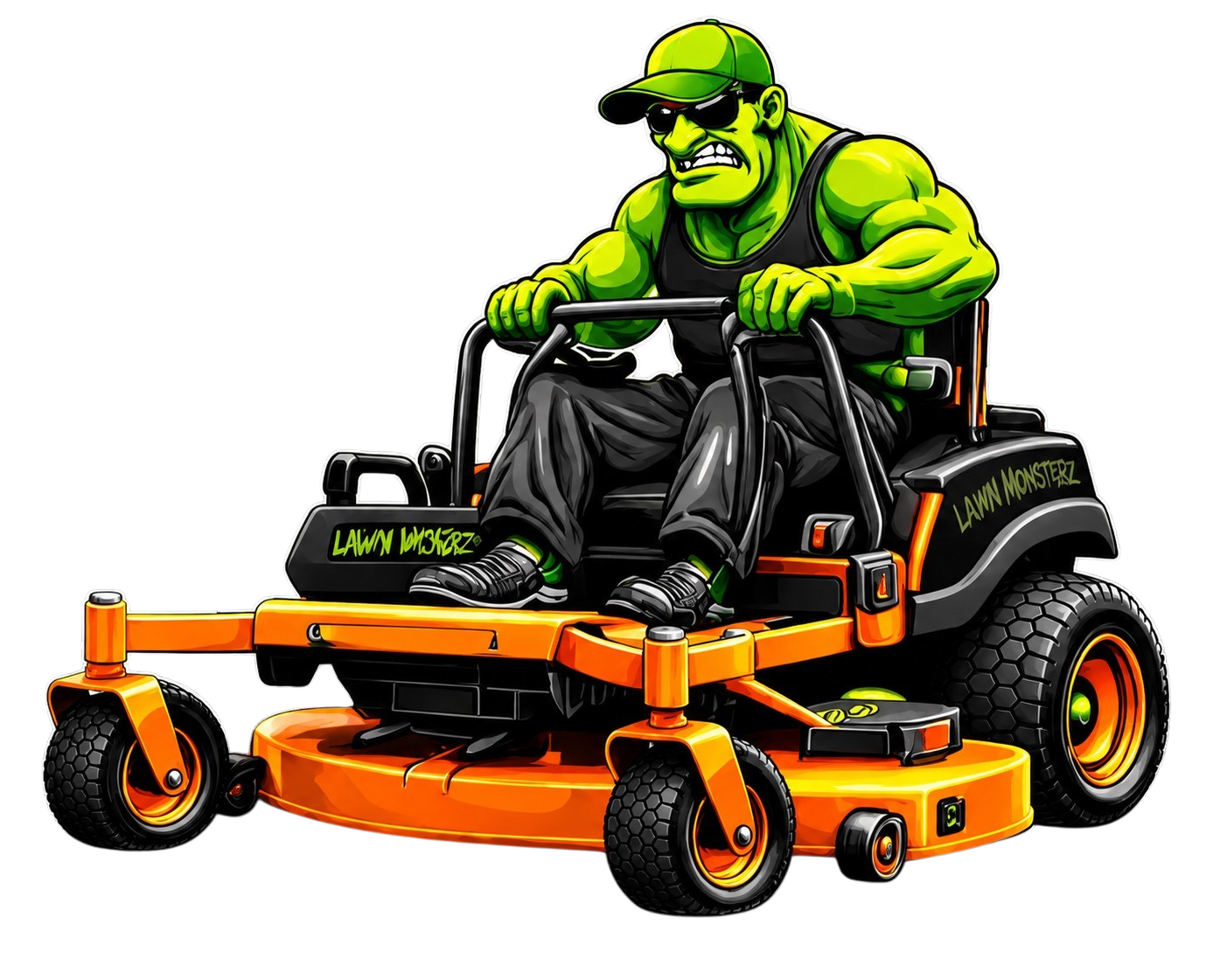 Cartoon of a muscular green monster wearing a cap and sunglasses, sitting on a riding lawn mower labeled 'Lawn Monsterz'  with a black background.