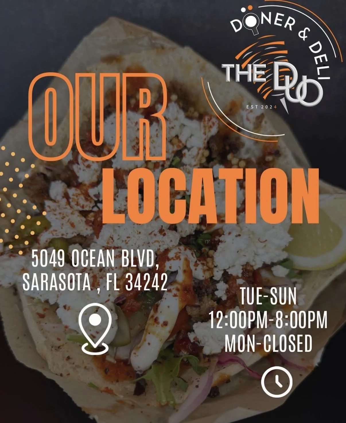 Map with restaurant information overlay, including address, hours, and a background image of a taco.