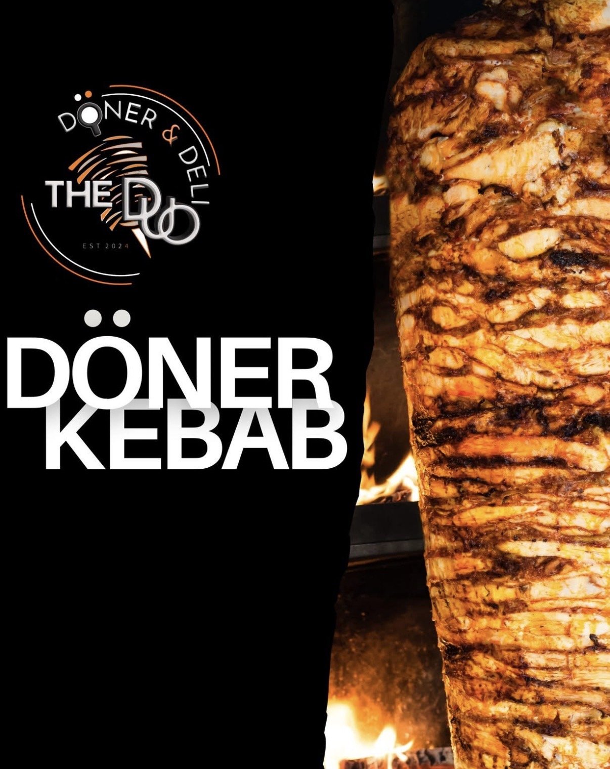 Close-up of a large grilled doner kebab with layers of seasoned meat cooking over open flames on the right side of the image, with a black section on the left displaying a logo for the restaurant and the words "Döner Kebab" in bold white letters.