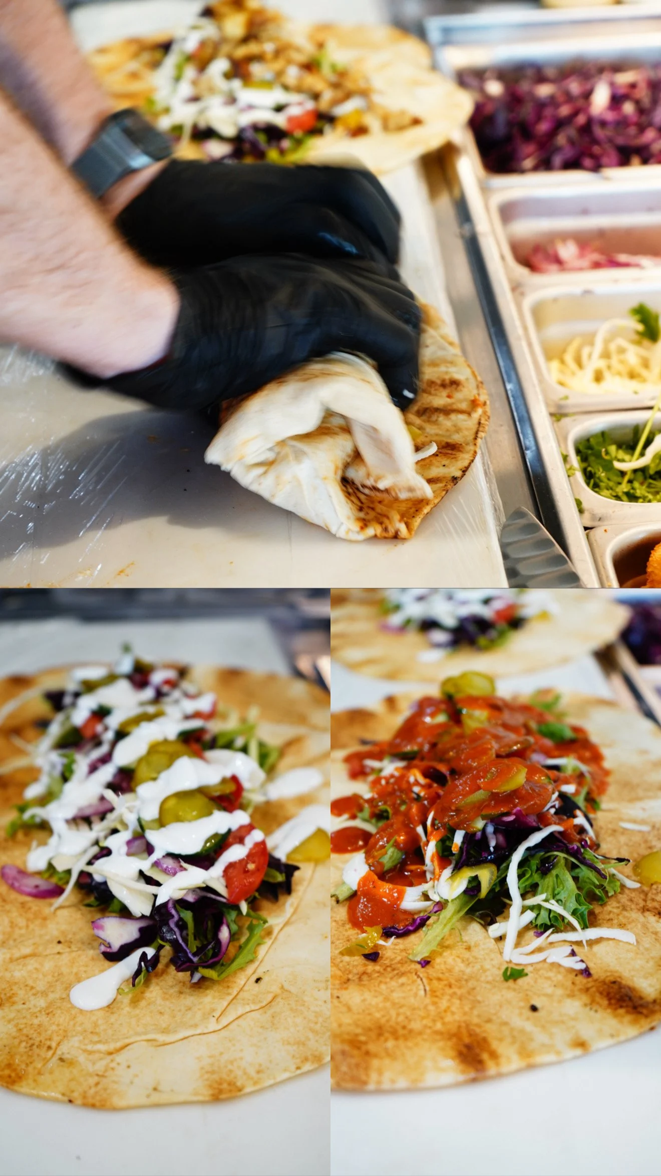 A person making a Mexican-style open-faced taco with various fresh toppings on a flatbread or tortilla.