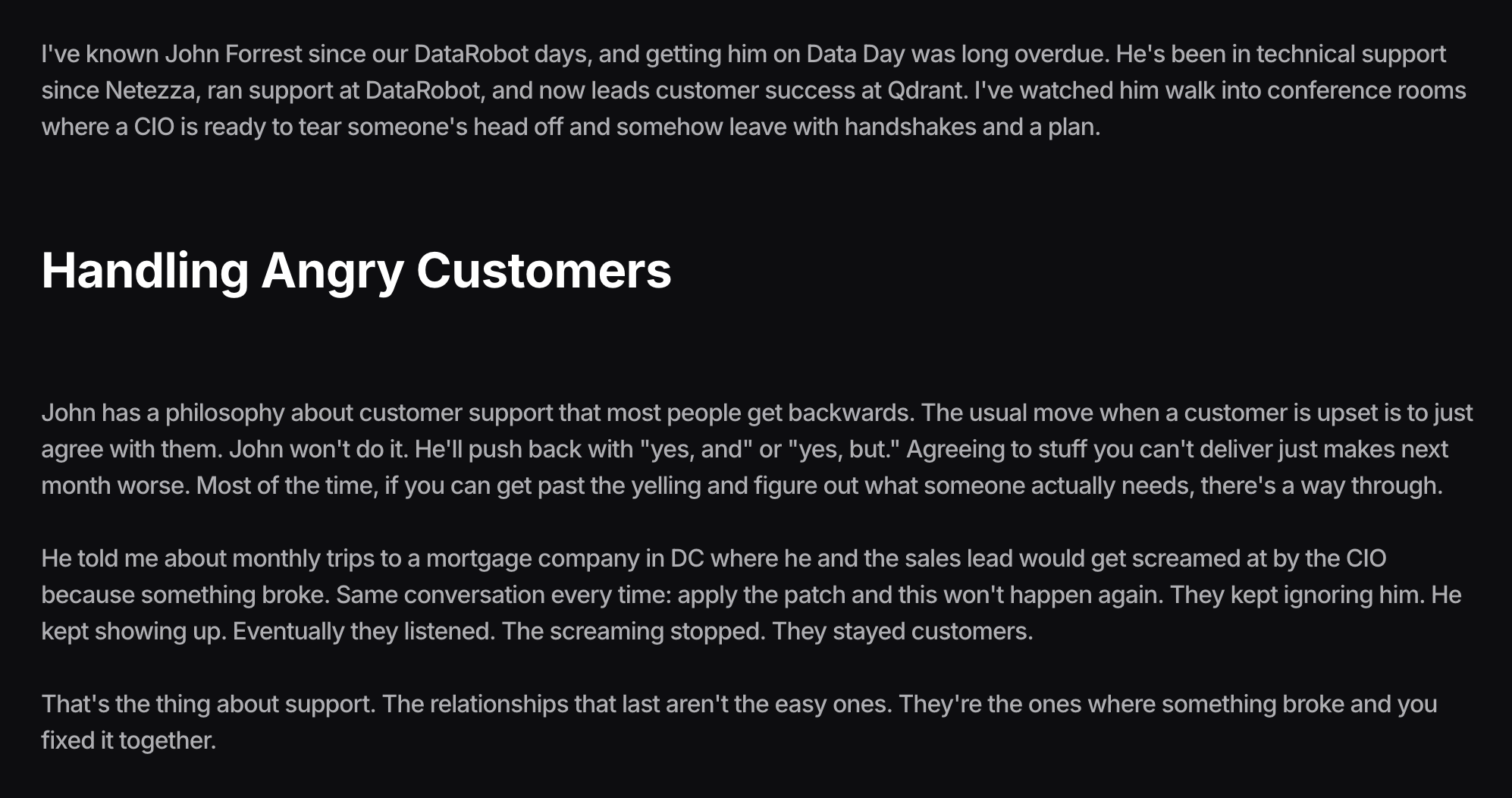 A screenshot of a section of a blog post written in the CPO's voice about a conversation he had in a podcast recording.