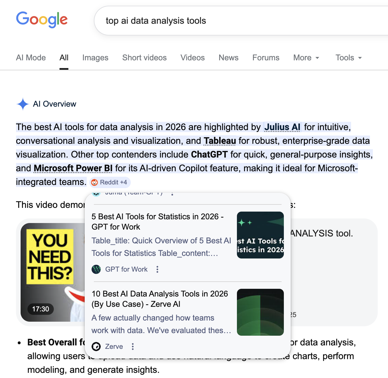 A screenshot of Google with the search bar Top AI Data Analysis Tools, whowing the AI Overview retrieving information from Zerve's blog post.