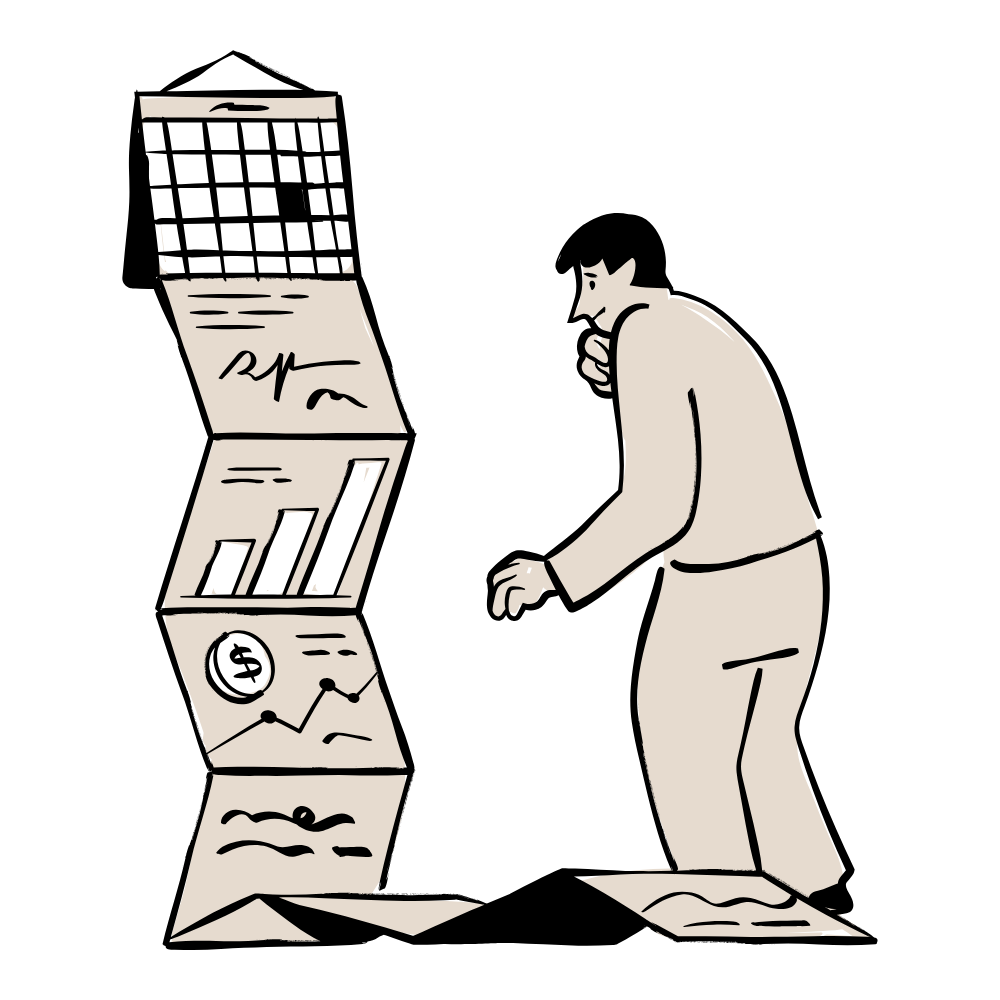 Man looking concerned at very long calendar and charts