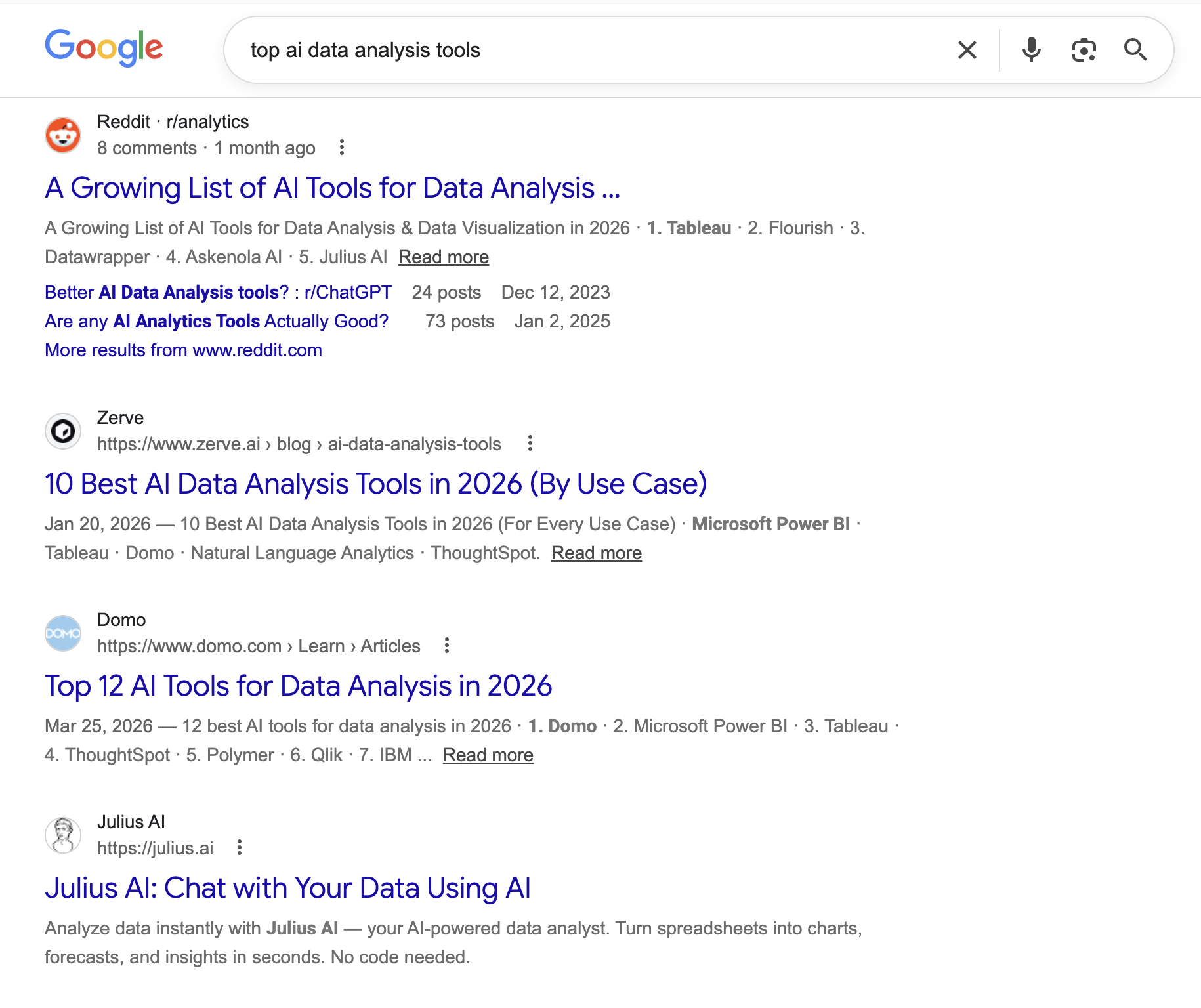 A screenshot of Google Search Top AI Data Analysis Tools