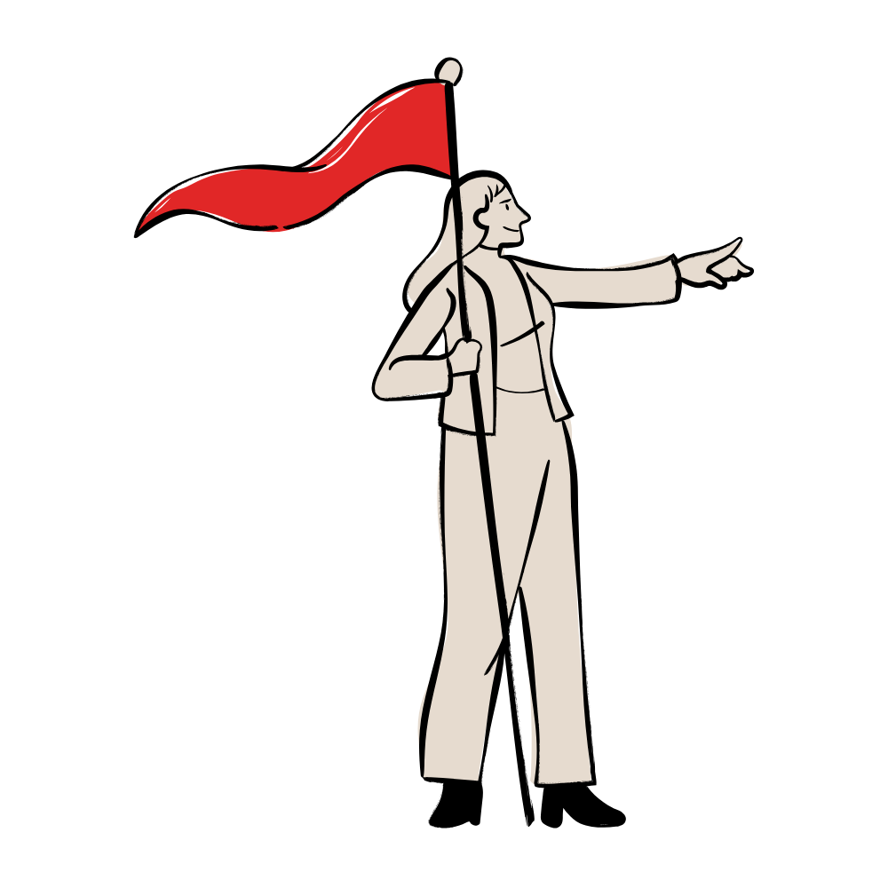 Woman pointing out to the distance holding a flag
