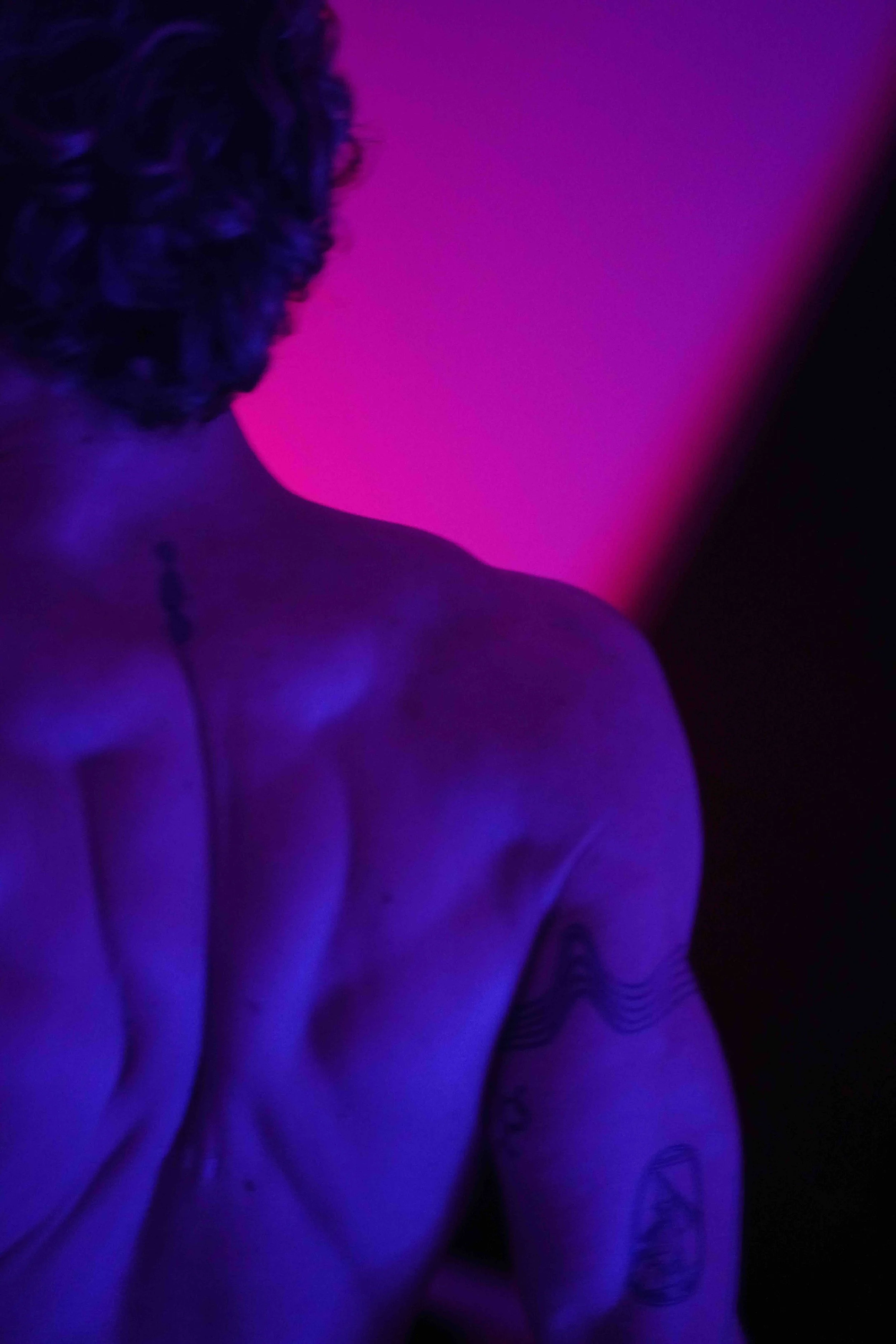 A person with curly hair facing away, illuminated with purple and pink neon lights, with tattoos visible on their shoulder and arm.