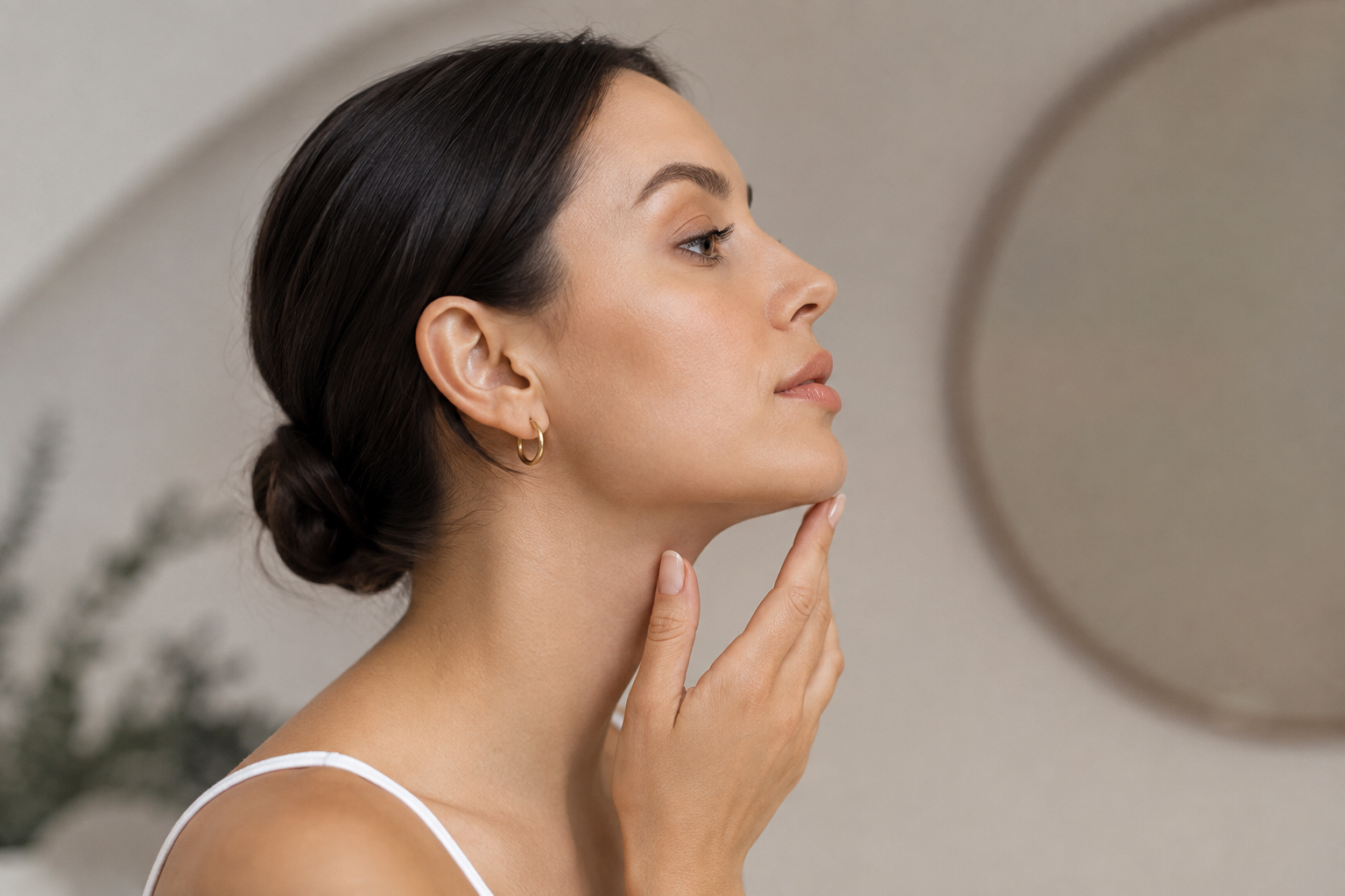 Woman touching the area beneath her chin