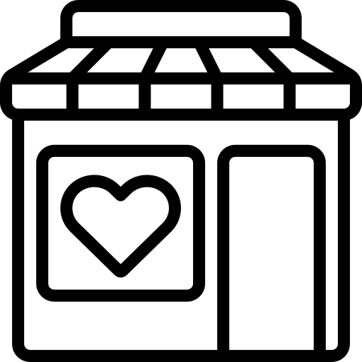 A line drawing of a nonprofit shop with a heart in the window on the left