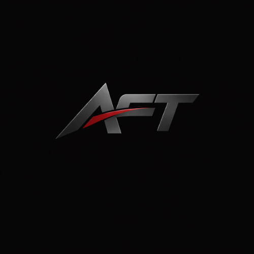 Logo with the letters 'AFT' in metallic and red colors on a black background.