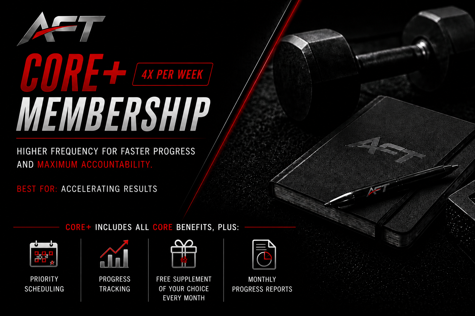 A promotional graphic for ACT Core+ Membership featuring bold black, white, and red text. The image includes a close-up of a black notebook, an ACT branded pen, and a dumbbell on a dark, textured surface.