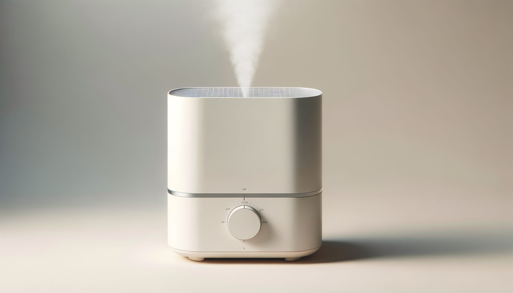 A white ultrasonic essential oil diffuser emitting a thin mist, with a minimalist design and a circular control dial at the front, placed against a neutral background.