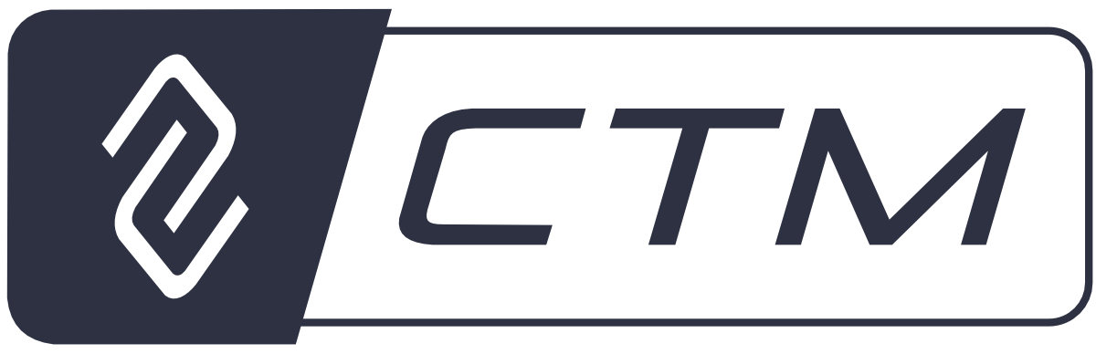 Logo with a black and dark gray color scheme containing a stylized diamond shape on the left and the letters 'CTM' on the right.