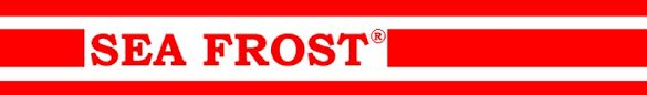 Close-up of a red and white logo with the text 'SEA FROST'}